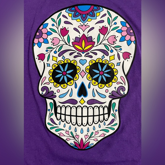 Purple Sugar Skull Graphic Tee Bobbie Brooks Medium Day of the Dead - Picture 3 of 9